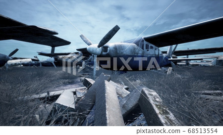 Abandoned and destroyed planes are in the field. A lot of rusty, forgotten and broken planes. 3D Rendering. Abandoned and destroyed planes are in the field. A lot of rusty, forgotten and broken planes. 3D Rendering. 68513554