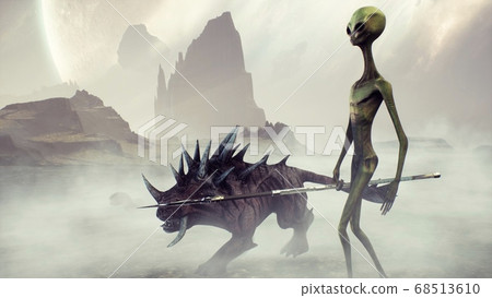 An alien with his unusual animal go hunting. Landscape of a creepy alien planet in a lost space. 3D Rendering. 68513610