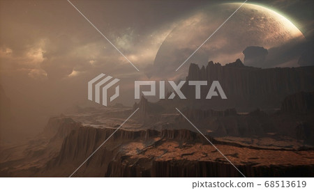Panoramic landscape on the surface of an alien unusual planet. 3D Rendering. 68513619
