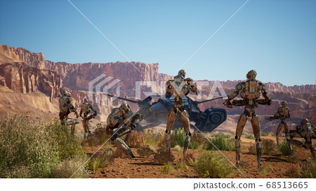 Military robots leave the planet on a transport spacecraft. 3D Rendering. Military robots leave the planet on a transport spacecraft. 3D Rendering. 68513665