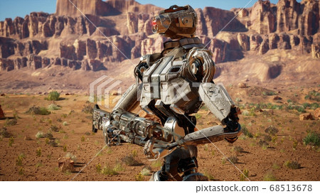 Military robot-android in the desert surveys the territory. 3D Rendering. 68513678