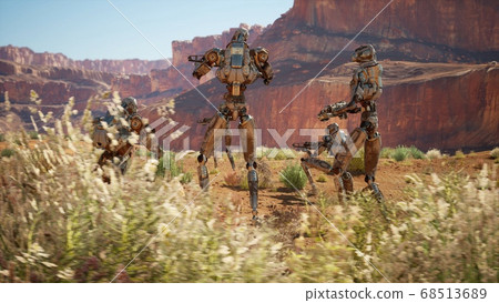 Military robots leave the planet on a transport spacecraft. 3D Rendering. 68513689