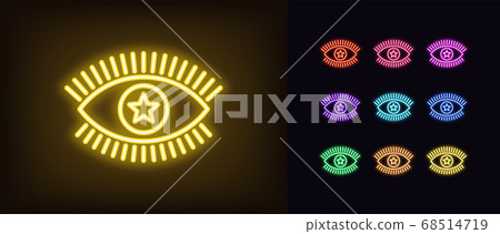 Neon magic eye icon. Glowing neon eye sign with 68514719