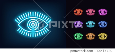Neon magic eye icon. Glowing neon eye sign with 68514720