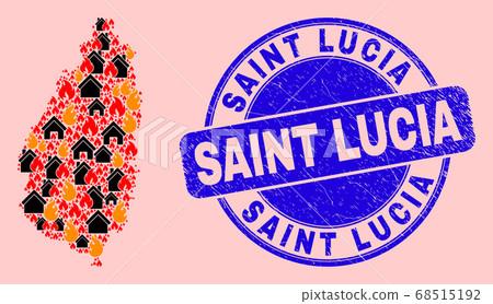 Saint Lucia Island Map Mosaic of Fire and Homes and Scratched Saint Lucia Seal Stamp 68515192