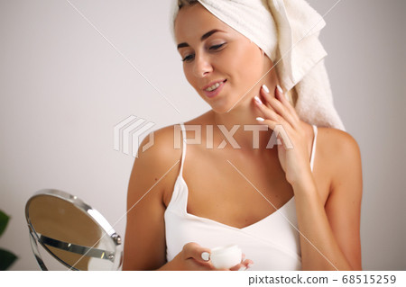 Cute girl, towel on head, beauty concept, skincare, spa, treatment 68515259
