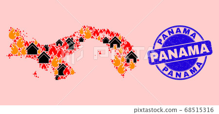 Panama Map Collage of Fire and Homes and Grunge Panama Seal Stamp 68515316