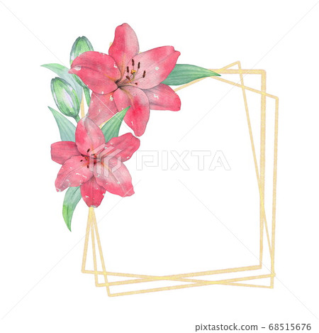 Elegant gold frame with Coral lilies. Watercolor illustration. Suitable for decorating of invitations, greeting cards, business cards Elegant gold frame with Coral lilies. Watercolor illustration. Suitable for decorating of invitations, greeting cards, business cards 68515676