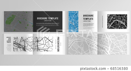 Vector layouts of horizontal presentation design templates with urban city map of Paris for landscape design brochure, cover design, flyer, book design, magazine. 68516380