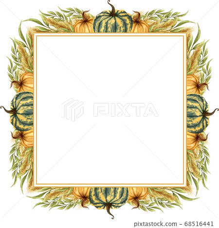 Watercolor frame with autumn pumpkins. Floral arrangement with color pumpkins and dried twigs. Harvest Wreath. 68516441