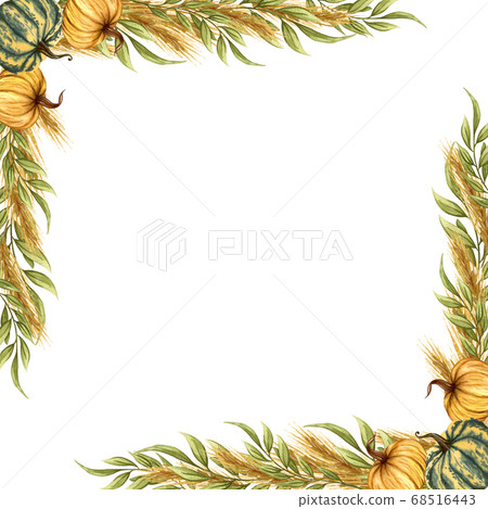 Watercolor frame with autumn pumpkins. Floral arrangement with color pumpkins and dried twigs. Harvest Wreath. 68516443