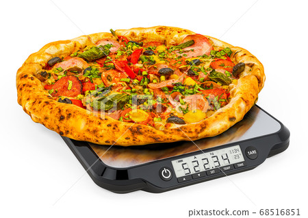 Kitchen Scales with Pizza. 3D rendering 68516851