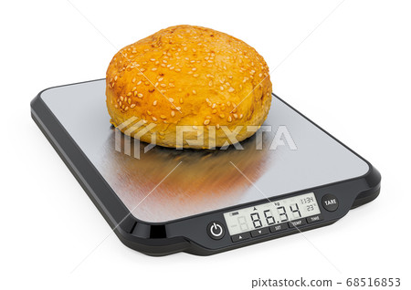 Kitchen Scales with Hamburger Bun. 3D rendering Kitchen Scales with Hamburger Bun. 3D rendering 68516853