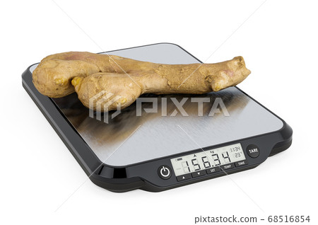 Kitchen Scales with Fresh ginger rhizome. 3D Kitchen Scales with Fresh ginger rhizome. 3D 68516854