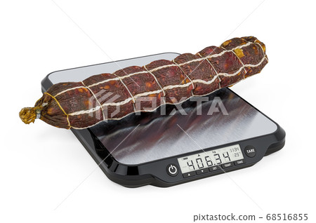 Kitchen Scales with Dry Sausage. 3D rendering 68516855