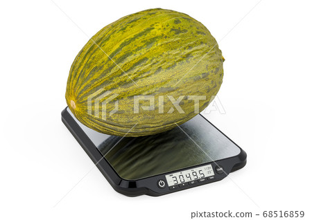 Kitchen Scales with Christmas melon. 3D rendering 68516859