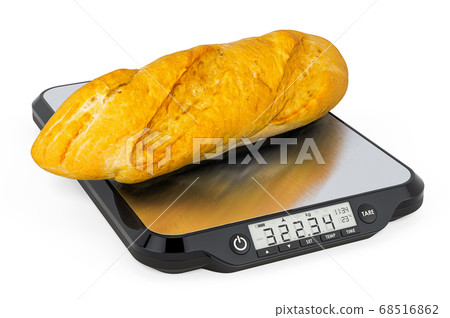 Kitchen Scales with Baguette. 3D rendering 68516862