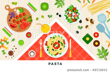 Pasta and ravioli cooking and ingredients. Spaghetti dishes isolated on white. Vector illustration Pasta and ravioli cooking and ingredients. Spaghetti dishes isolated on white. Vector illustration 68518032