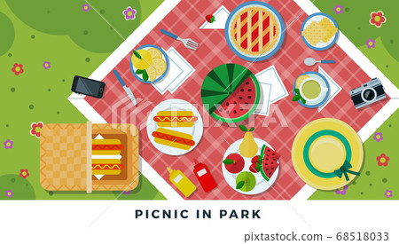 Summer picnic in park basket card background. Composed of Cupcakes, Fruits, and Sandwiches vector flat set illustration Summer picnic in park basket card background. Composed of Cupcakes, Fruits, and Sandwiches vector flat set illustration 68518033
