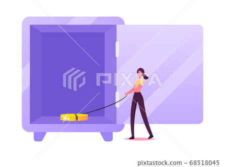 Pauperization, Capital Safety. Tiny Female Character Stand at Huge Safe with Open Door Holding Golden Coin Bind to Rope Pauperization, Capital Safety. Tiny Female Character Stand at Huge Safe with Open Door Holding Golden Coin Bind to Rope 68518045