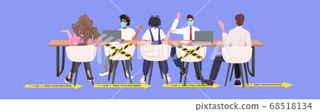mix race businesspeople in face masks keeping distance to prevent coronavirus epidemic 68518134