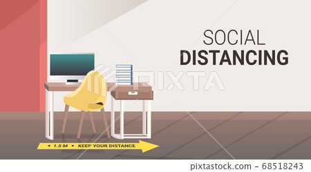 workplace desk with yellow arrow sign for social distancing coronavirus epidemic protection measures workplace desk with yellow arrow sign for social distancing coronavirus epidemic protection measures 68518243