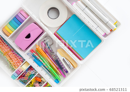 Flat lay stylish set: Clipboard mockup, washi tape, note on white background. School stationery. Back to school concept. Flat lay stylish set: Clipboard mockup, washi tape, note on white background. School stationery. Back to school concept. 68521311