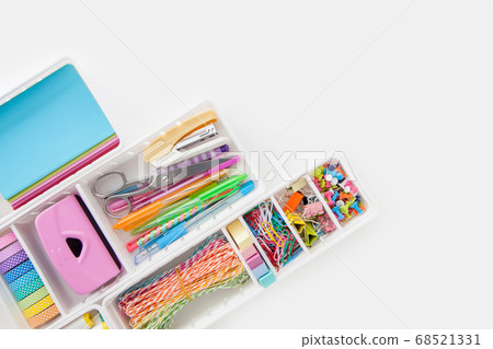 School supplies. Stylish stationery multicolored pastel color. Flat lay, top view. 68521331