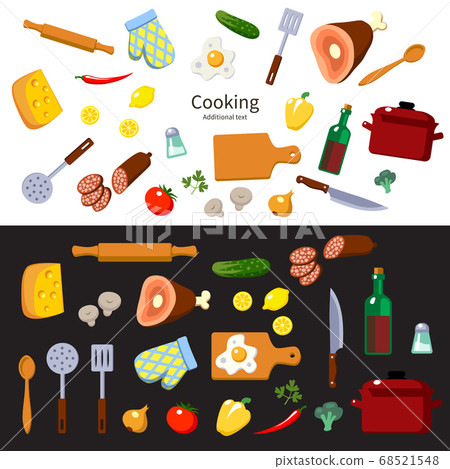 Set of kitchen utensils and food for cooking. Vector illustration. 68521548