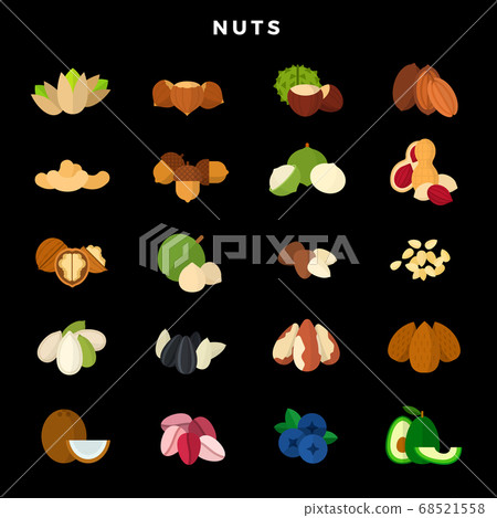 Nuts of all kinds. Set of various nuts, grains and seeds. Vector illustration on dark background Nuts of all kinds. Set of various nuts, grains and seeds. Vector illustration on dark background 68521558