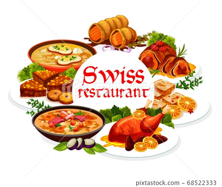 Swiss food cuisine, vector meals and pastry 68522333