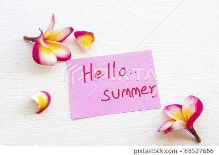 hello summer message card handwriting with colorful flowers frangipani arrangement flat lay style 68527666