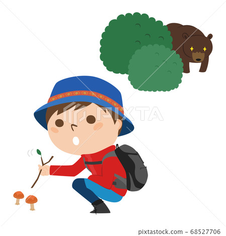 Illustration of a man who is about to encounter a wild bear while walking in the mountains. Illustration of a man who is about to encounter a wild bear while walking in the mountains. 68527706