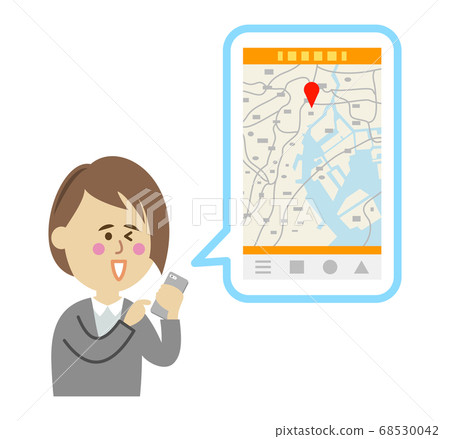 在智能手機上使用地圖應用程序的女性上班族的插圖圖像 68530042