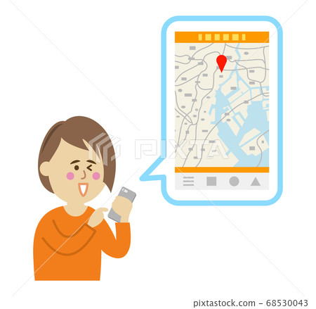 在智能手機上使用地圖應用程序的女人的插圖圖像 68530043