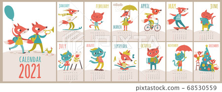 Vector 2021 calendar template with cats and foxes in kids cartoon style 68530559