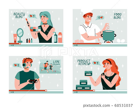 Set of people on live stream or video tutorial flat cartoon vector illustration. Set of people on live stream or video tutorial flat cartoon vector illustration. 68531037