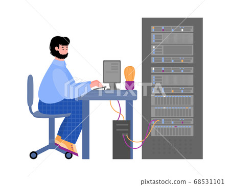 IT manager working with server equipment in data center flat vector illustration. IT manager working with server equipment in data center flat vector illustration. 68531101