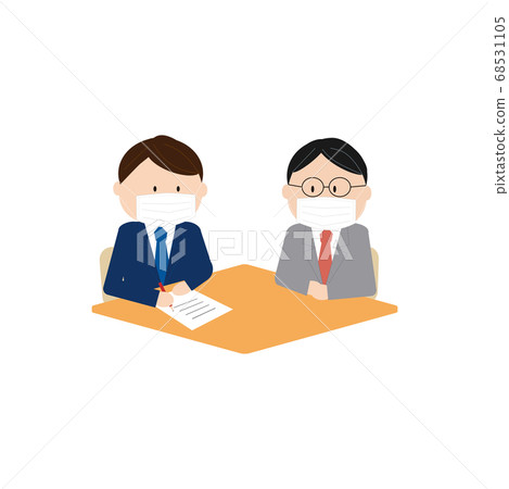 Businessman wearing a mask and talking face-to-face (fill in documents) Businessman wearing a mask and talking face-to-face (fill in documents) 68531105