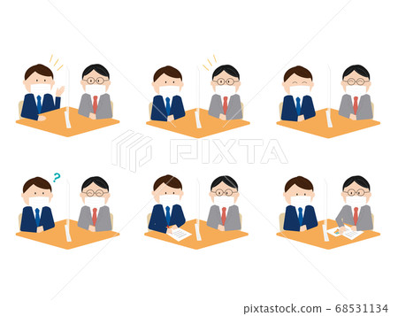 A set of businessmen wearing a mask over an acrylic board and talking face-to-face A set of businessmen wearing a mask over an acrylic board and talking face-to-face 68531134