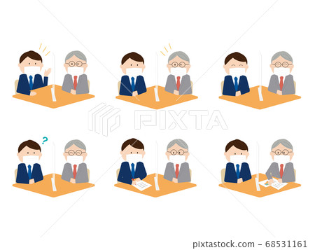 A set of businessmen wearing a mask over an acrylic board and talking face-to-face A set of businessmen wearing a mask over an acrylic board and talking face-to-face 68531161
