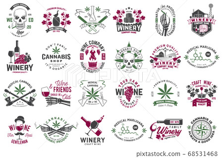 Set of wine company and medical cannabis shop badge. Vector. Concept for shirt, print, stamp or tee. Design for winery company, bar, pub, weed shop, marijuana delivery 68531468