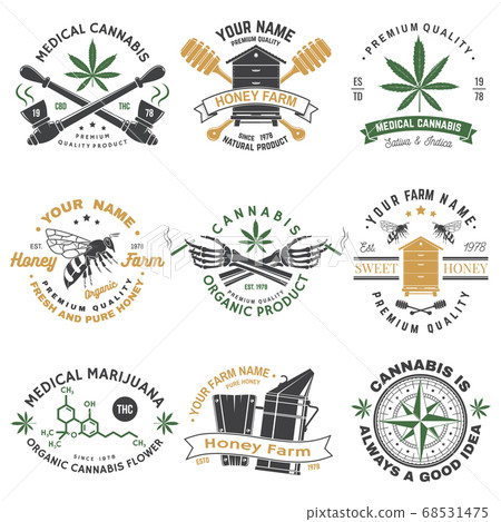 Set of Honey bee farm and medical cannabis shop badge. Vector. Concept for shirt, print, stamp or tee. Design for honey bee farm, weed shop, marijuana delivery Set of Honey bee farm and medical cannabis shop badge. Vector. Concept for shirt, print, stamp or tee. Design for honey bee farm, weed shop, marijuana delivery 68531475