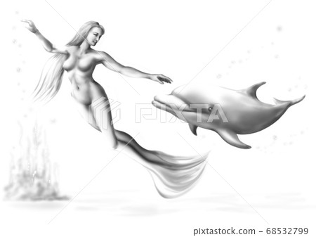 Mermaid playing with a dolphin 68532799