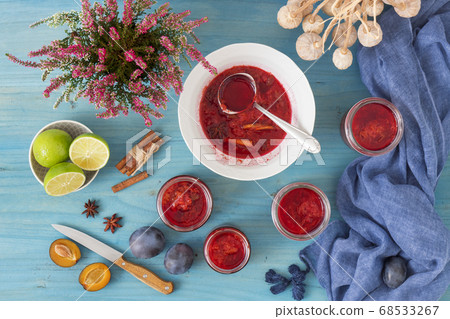 Making plum compote. Harvest season in the kitchen, plum compote preserving, plum jam production. 68533267
