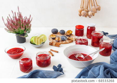 Making plum compote. Harvest season in the kitchen, plum compote preserving, plum jam production. 68533268