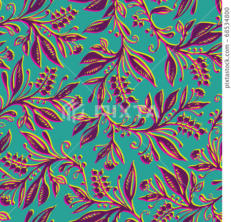 Floral seamless pattern with leaves and berries. Hand drawn and digitized.  68534800