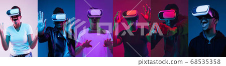 Collage of portraits of young people on multicolored background in neon light 68535358