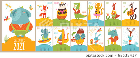 Cartoon vector 2021 calendar with funny wild animals 68535417