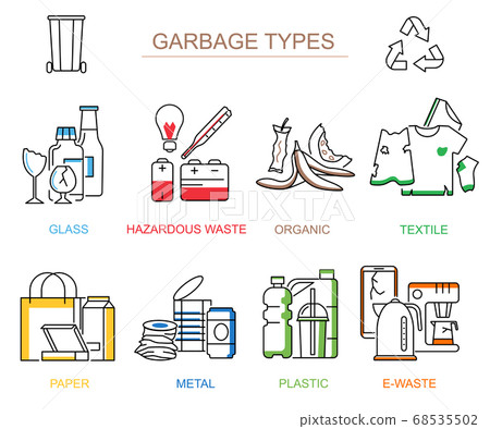 Garbage Waste Types Sorting Thin Line Icon Set. Vector Garbage Waste Types Sorting Thin Line Icon Set. Vector 68535502